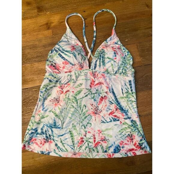 BECCA M/S Tankini Set NWT swimwear White Pink Green Floral Tropical Print Beach - Picture 2 of 12